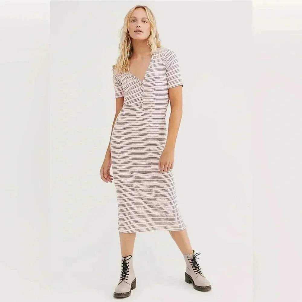 FREE PEOPLE FP BEACH LULU STRIPED HENLEY MIDI RIBBED V NECK DRESS / Size XS /